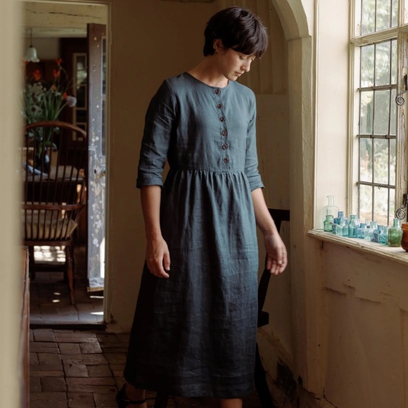NWOT Pyne and Smith Model No.14 Button Up Full Length Linen Dress in Toast Linen - Picture 14 of 16